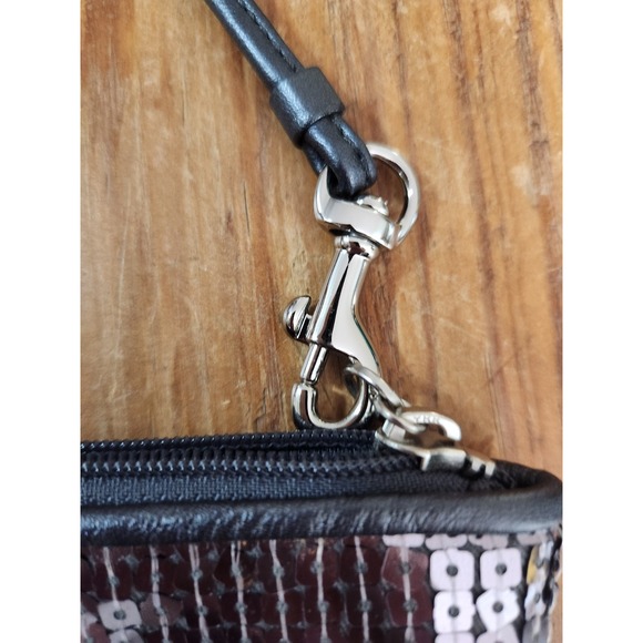 Coach Sequin Gunmetal Leather Trim‎ Silver Small Wristlet Charm Zip Party Glam - Picture 4 of 11